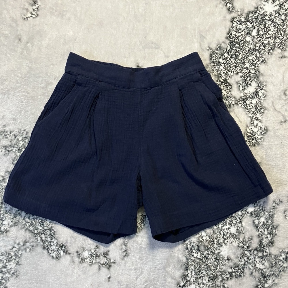 J Mclaughlin Shorts Womens Size XS‎ Navy Blue Crinkled Cotton Pull On Pleated